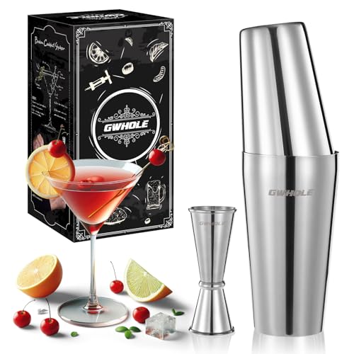 GWHOLE Shaker à Cocktail Shaker Boston en Acier Inoxydable 750mL 500mL TIN on TIN Kit Shaker à Cocktail avec Doseur 50mL 25mL Outils de Barman Professionnels...
