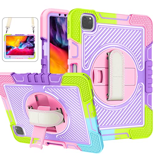 Hocase For Ipad Pro 11-Inch 2022 Case, Ipad Air 4Th/5Th Generation Case, With Pencil Holder/360 Rotation Stand/Hand Strap, Shockproof Rugged Silicone Rubber Protective Case For Kids & Girls - Rainbow #TOP18