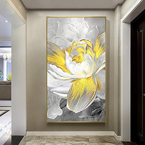 Peinture à l’huile sur toile faite main pivoine dore fleur verticale luxe 3D