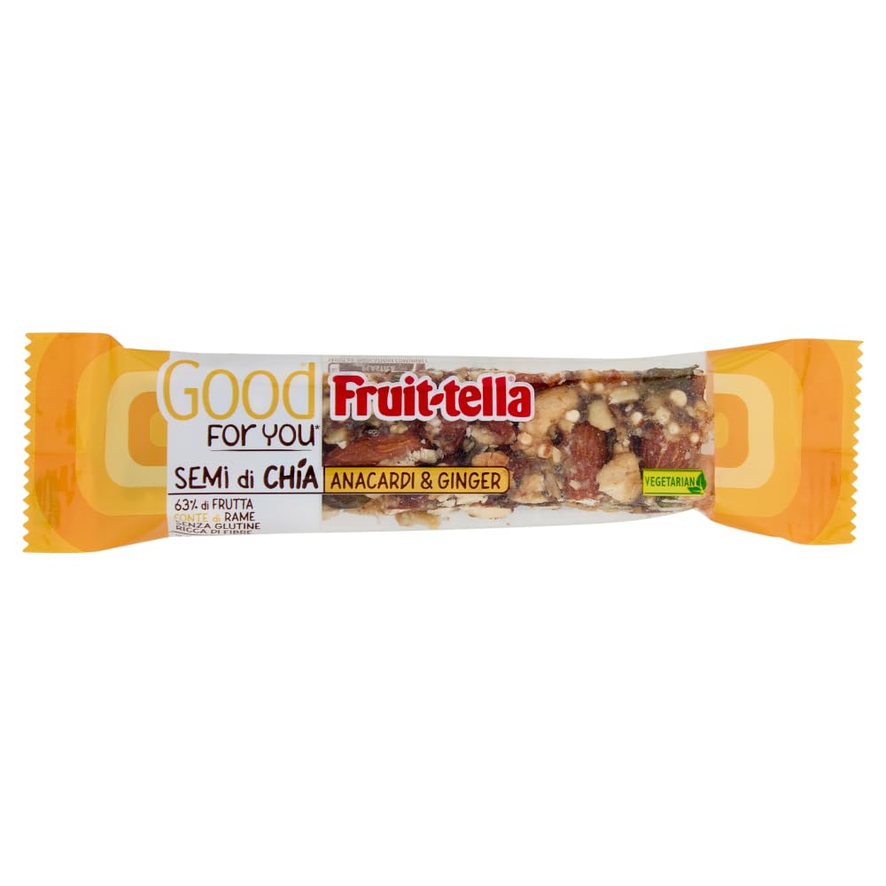 Fruittella Good For You Anacardi e Ginger, Barrette, Healthy Snack, con Mandorle e Semi Di Chia, con Frutta Secca e Disidratata, Confezione da 16 Barrette, Snack Sano Senza Glutine e Ricco di Fibre
