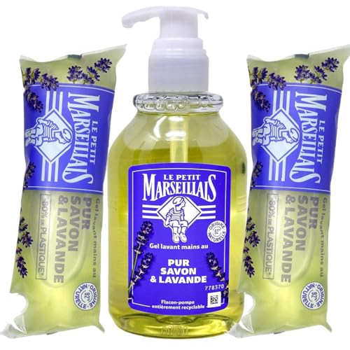 Le Petit Marseillais Flüssigseife pur Savon Lavendelöl 300 ml + 2 x 250 ml Nachfüllpacks je 250ml Flüssigseife Lavendel aus Frankreich