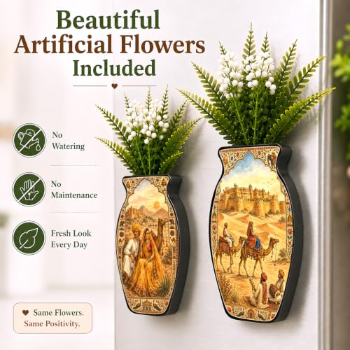 Image of Regalo Casila Rajasthan Desert Heritage Art Magnetic Artificial Flower Vase Fridge Magnets Set of 2 Camel Palace Rajasthani Culture Refrigerator Kitchen Home Decor Gift