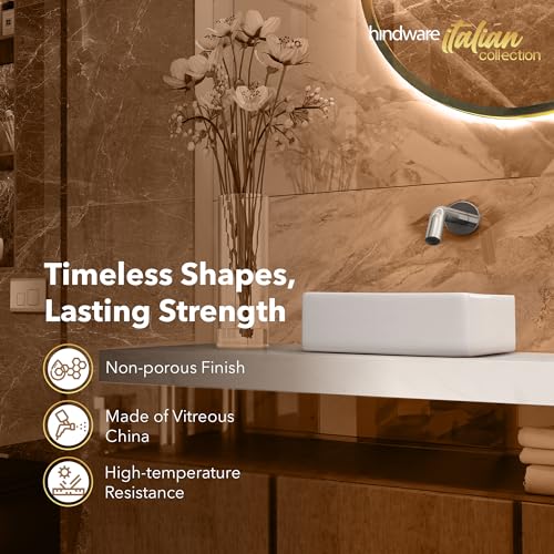 Image of Hindware Italian Collection Magro-S Table Top Wash Basin for Bathroom | Made of Ceramic | Star White | Square Shape | Over the Counter Basin