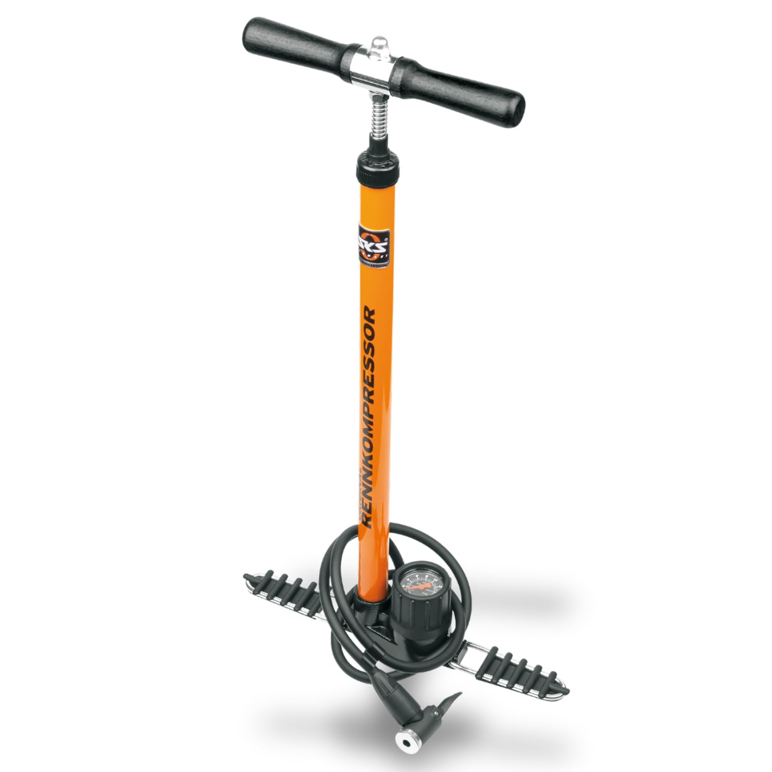 SKS GERMANY RENNKOMPRESSOR E.V.A. Floor Pump (Air Pump for All Valve Types, Precision Pressure Gauge, Metal Tube, Cast Base, Wooden Handle, Max. Pressure: 16 Bar / 232 PSI)