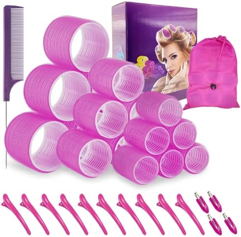 TINGIC Hair roller set 18 pcs,Jumbo Hair Curlers Rollers with Clips,Self grip hair roller set,Hair rollers for Long hair,Medium and Short hair,DIY rollers hair curlers,3 Sizes Rose red Hair Rollers in one set