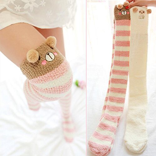 Image of Hotmiss Womens Thigh High Fuzzy Socks Cute Over the Knee Stockings Winter Warm Stripe Leg Warmers