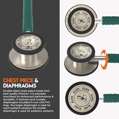 Image of ELKO EL-240 ASTRA III Ti Titanium dual head acoustic stethoscope | Adult & Pediatric Stethoscope with Double-sided Natural Titanium Chestpiece | Two-Way PVC Tubing | Doctors & Medical Students (Green)