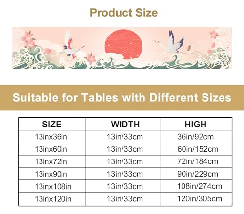 Image of Japanese Gold Crane Table Runner, Luxury Oriental Wave Pattern Table Decor for Dining Room Wedding Party Kitchen, Asian Art Tablecloth 13x120 Inch