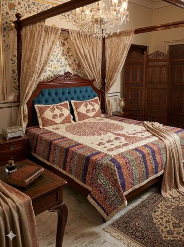 Image of Pure Cotton Jaipuri Premium King Size Double Bedsheet with 2 Pillow Covers, 280 TC Bedsheet for Double Bed (King Size 100x108 Inch) (Multicolor 2)