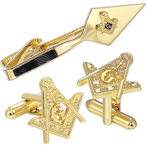 AMITER Masonic Tie Clip and Cufflinks Set, 18K Gold Mens Necktie Bar Cuff Links Personalized Gift for Freemason Husband Father Boyfriend