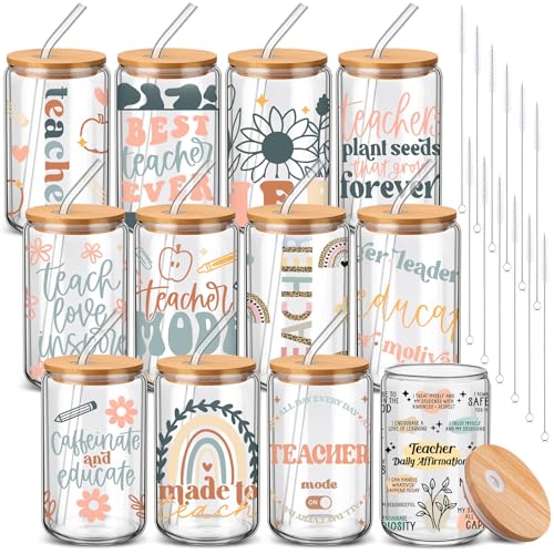 Yetene 12 Sets End of Year Teacher Gifts Bulk Teacher Appreciate Glass Cups with Lids and Straws 16 oz Iced Coffee Cup Cute Thank You Gift for Daycare Preschool Kindergarten Back to School
