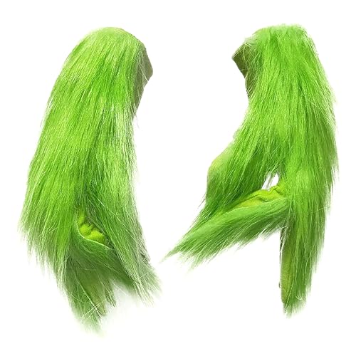 Faxianther Funny Christmas Elf Gloves for Men Women, Elf Cosplay Role Play Green Furry Mittens Halloween Fancy Dress Party Faux Fur Full Finger Gloves Outfit Supplies