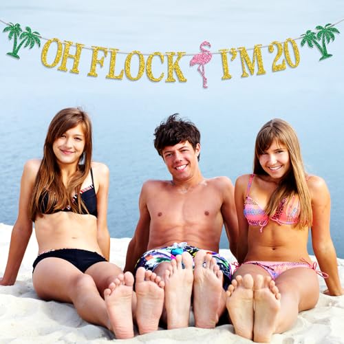 Image of Oh Flock I'm 20 Banner, Glitter Happy 20th Birthday Anniversary Party Decorations, Pineapple Party Decor, Hawaiian Luau Tropical Aloha 20 Theme Party Photo Props