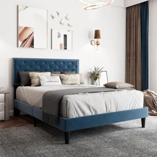 Image of Julius Upholstered Bed Queen Size Without Storage Solid Sheesham Wood | Modern Premium Fabric Upholstery Cushion Headboard | Queen Bed for Bedroom Wooden Double Bed Cot 78x60 Inch Queen