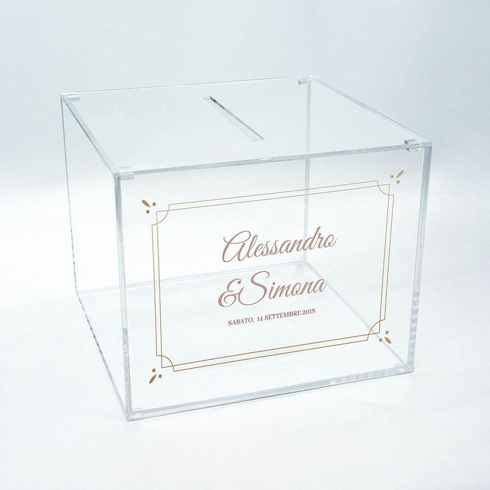 DesignPlex Scatola in plexiglass trasparente per regali in contanti e biglietti per il matrimonio personalizzata. Spessore plexiglass: 3-4 mm. Dimensioni: L 25 x P 25 x H 25 cm o Personalizzate.