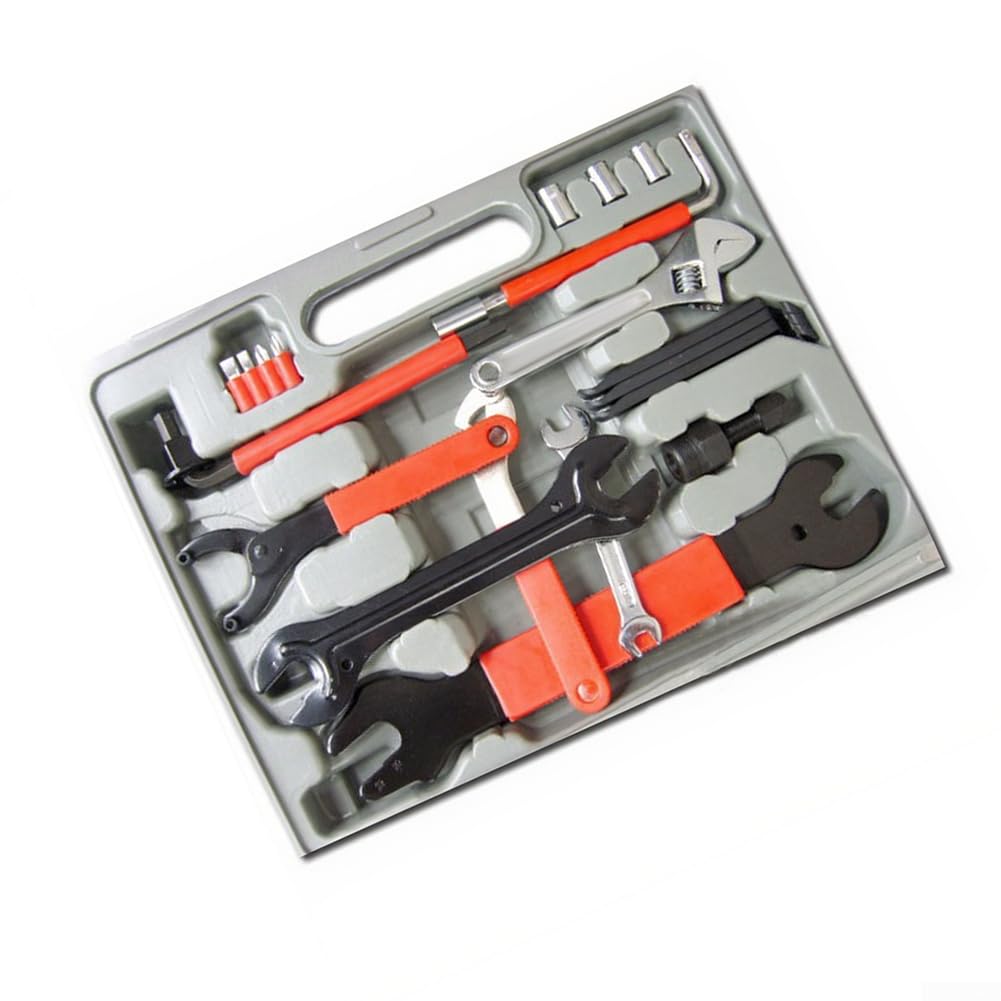 Kit di riparazione per mountain bike, multifunzione, set di strumenti in ferro per la manutenzione del ciclismo, con custodia compatta grigia per correzioni e regolazioni delle marce, 32 x 25 cm