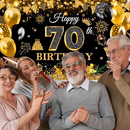 Image of Avezano Happy 70th Birthday Banner for Men Black and Rose Gold Glitter Balloon 70 Birthday Party Backdrop 70 Year Old Bday Photo Backdrop Party Supplies 70.8 x 43.3 Inch
