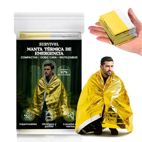 SURVIVOL - Pack 10 Mantas Termicas Supervivencia - Mantas Calor Termico de Emergencia de Aluminio -...
