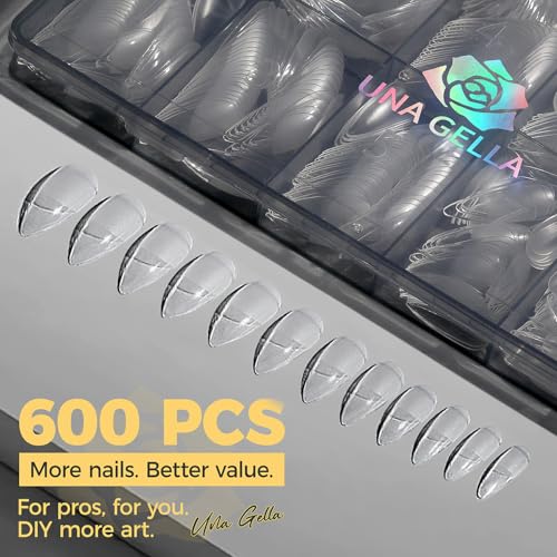 Image of UNA GELLA 600Pcs Medium Stiletto Gel Nail Tips, Pre Etched Medium Stiletto Press on Nails & Sharp Almond Shape Full Cover Soft Gel Nails Tips for Nail Extensions DIY Art Salon 12 Sizes at Home