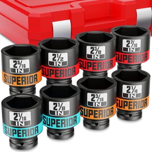 Image of 8 Piece 3 /4 inchDrive Shallow Impact Socket Set, 2-1 /16 inch-2-1 /2 inchAxle Nut Sockets, SAE, CR-MO, 6 Point, Tools for Removing Mechanical Nuts, Large Automotive Repairs, Agricultural implement