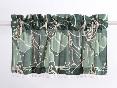 Image of Ravaiyaa - Attitude is everything Hand Printed Half Window Kitchen Curtain 100% Cotton Short Drapery Valance Curtain 40 inch X 18 inch Inch (Green Abstract)