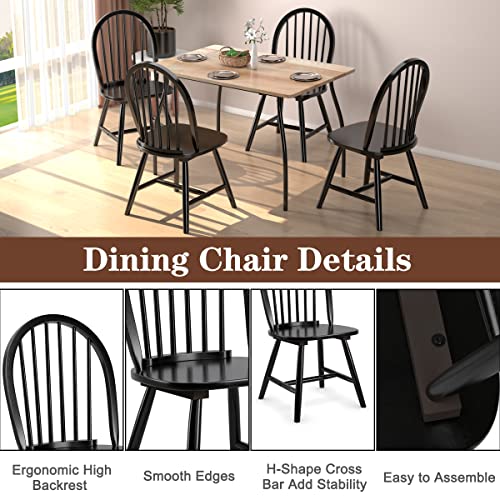 Image of COSTWAY Windsor Dining Chairs Set of 2, Mid-Century Modern Wood Chairs w /Spindle Back & Reinforced H-Shaped Legs, Farmhouse Armless Kitchen Chair for Living Dining Room, Restaurant (Black)