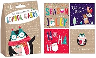 30 x Childrens Seasonal Xmas Cards  |  School Pack For Class Friends & Teachers  |  Christmas Cards With 4 Designs With 1 X Teacher Card And 1 X Teaching Assistant Card (With Bronze/Gold Box)