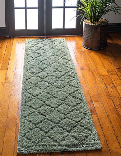 Rugs.com Lattice Shag Collection Rug – 10 Ft Runner Green Shag Rug Perfect for Hallways, Entryways