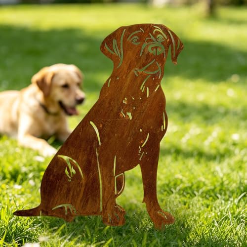 WRQIOO Gartenstecker Rost Hund, Labrador Gartendeko Rost, Gartenstecker Metall Hund, Gartenstec-ker Ro-st für Draußen, Rostdeko Gartendeko für Garten Terrasse Balkon