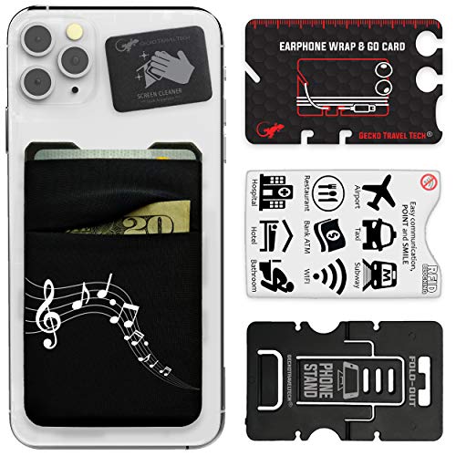 Cartera de teléfono Gecko  Soporte para teléfono  Tarjetero Adhesivo para móvil  Dos Bolsillos  Bolsillo para teléfono de Lycra  Portador de Tarjetas de crédito y Efectivo  (MÚSICA)