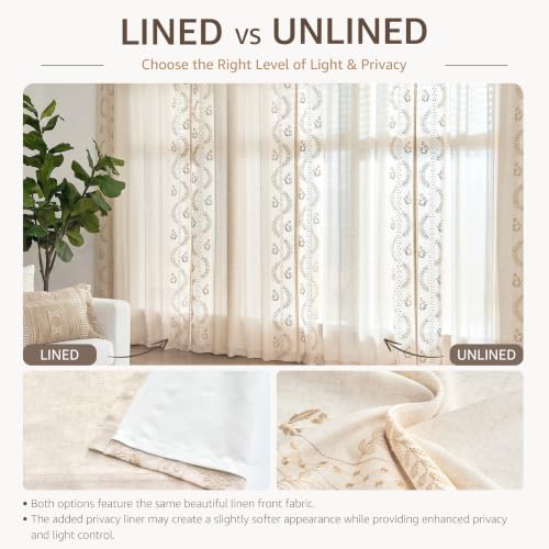 Image of jinchan Floral Lined Linen Curtains 63 Inch Farmhouse Back Tab 2 Panels