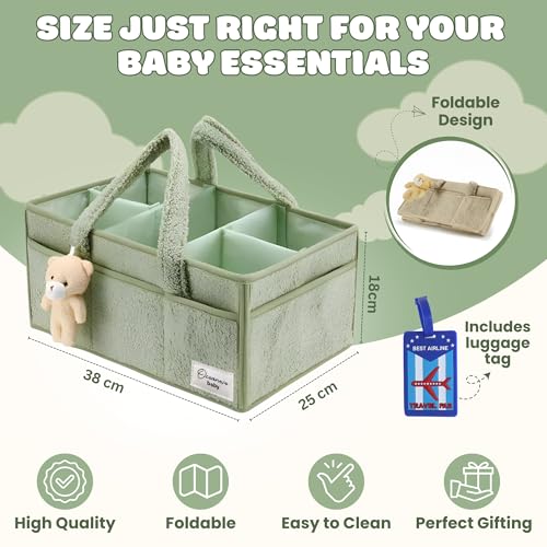 Image of OCEANEVO Cute Fur Diaper Caddy Organizer Bag WITH Luggage Tag AND Bear Charm, Baby Basket Essentials for Newborn Baby Products Storage with Compartments and Handle - 38 x 25 x 18 cm - Model 3 - Green