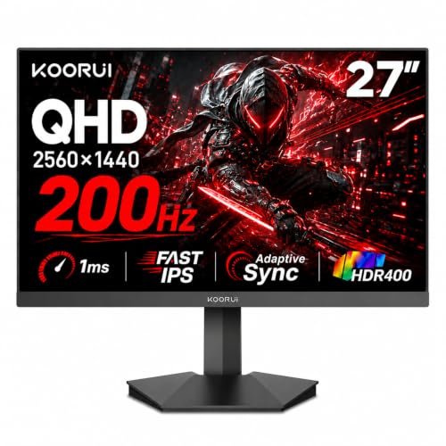 Image of KOORUI 27 inch Gaming Monitor, 200Hz 1ms Fast IPS, WQHD (2560 x 1440p) HDR 400 Display, DCI-P3 95% Color Gamut, FreeSync Premium, Adaptive G-Sync, HDMI x 2, DisplayPort, G2721P