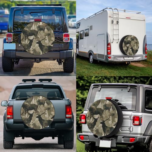 Image of Camouflage Military Tire Covers Protectors Weatherproof Dust-Proof Deer Animal Spare Wheel Cover Fit for Jeep Wrangler RV, SUV, Truck Travel Camper Trailer Vehicle 16 inch