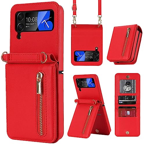 Housse en cuir pour Galaxy Z Flip4 rouge avec porte-carte et bandoulière