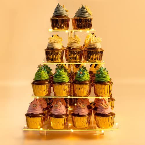 Realife 4 Tier Cupcake Stand With Led Light & Cupcake Toppers Acrylic Cupcake Holder/Dessert Tree Tower For Valentine Birthday Weddings Bar Party Baby Shower And Bridal Party(Square,Yellow Light) #TOP6