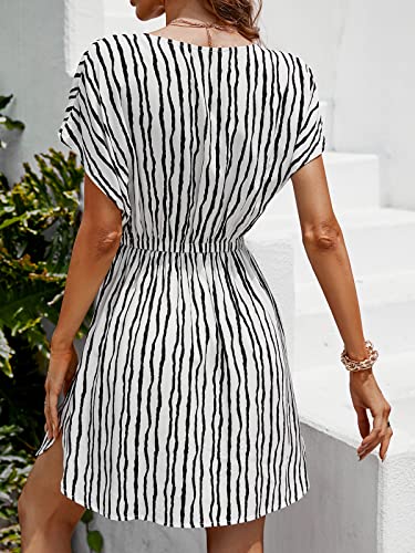 Image of CUPSHE Women's Swimsuit Coverup Casual V Neck Beach Dress Short Sleeve Elastic Waist Swimwear Cover Ups 2026 Beachwear