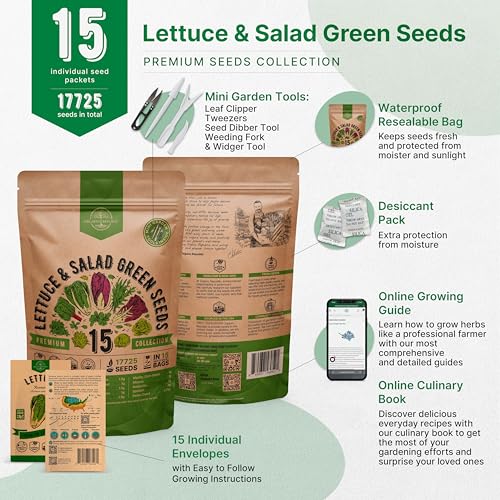 Organo Republic 15 Lettuce & Salad Greens Seeds Variety Pack 17700+ Non-GMO Heirloom Lettuce Seeds for Indoors & Outdoors Garden, Hydroponics, Aerogarden - Arugula, Kale, Spinach, Swiss Chard, Lettuce