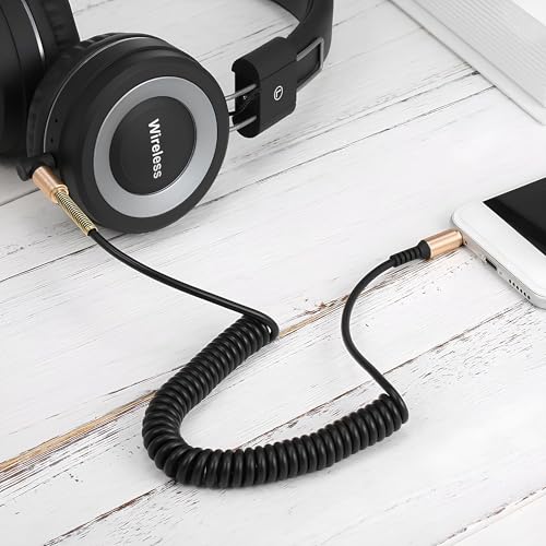 Image of skysia 3.5mm AUX Cable - Spiral Spring Male-to-Male Audio Cord with 90 Right Angle Jack, Stretchable & Tangle-Free Steel Spring Design for Car, Headphones & Speakers Etc (Pack of 1) (Blue)
