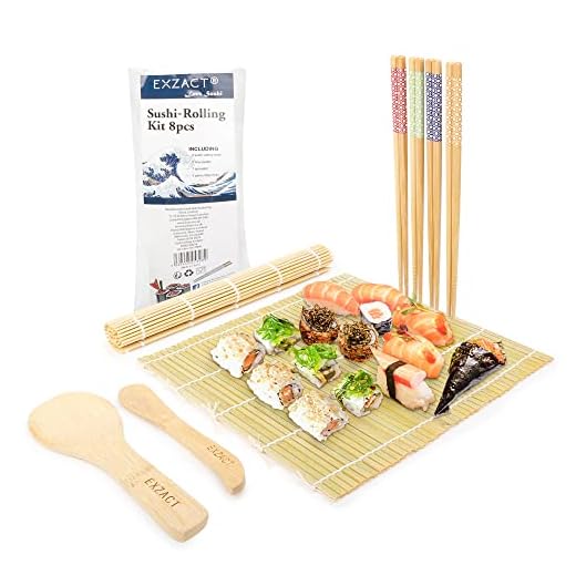 Exzact Juego de 8 piezas para Preparar Sushi de Bambú - 2 x Esterillas, 1 x Paleta de Arroz, 1 x Esparcidor de Arroz, 4 Pares de Palillos