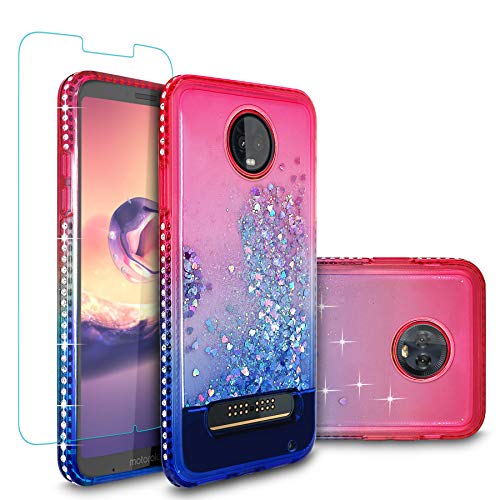 Cellularvilla Moto Z3 Play Case, Moto Z3 Case, Bling Glitter Liquid Women Case Floating Shiny Sparkle Luxury Pretty Protective Girls Case Cover [Tempered Glass] for Motorola Moto Z3 Play (Pink Blue)