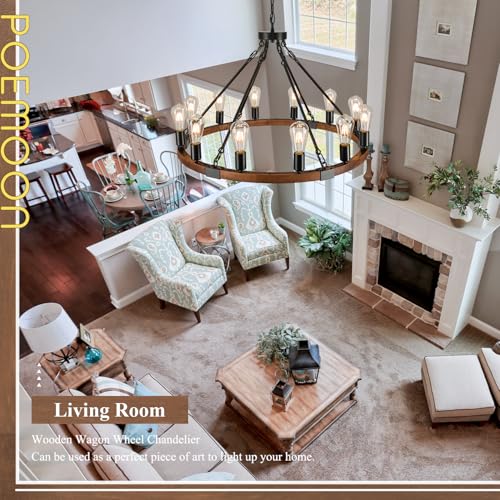 Image of Farmhouse Wood Wagon Wheel Chandelier 12-Light 31.5 inch Light Fixture