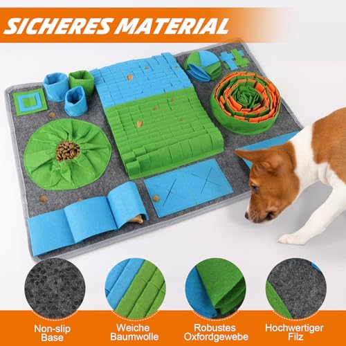 Schnüffelteppich für Hunde | 65*44cm | Hundespielzeug mit Anti-Rutsch | Waschbar | Extrem Material | Intelligenzspielzeug für Hunde | 10 Trainingselemente | 3 Schwierigkeitsstufen | Stressabbau