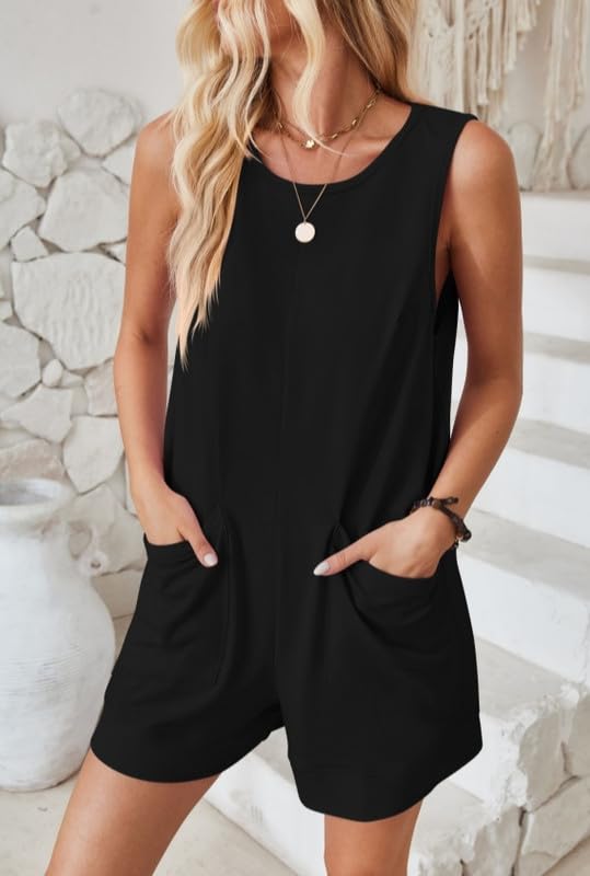 Haibang Jumpsuit Elegante Mono Mujer Verano Corto Sin Mangas Cuello Redondo Peto Casual