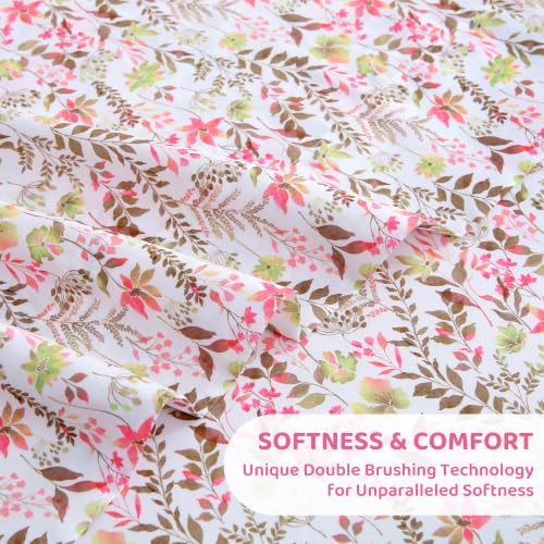 Image of Mooreeke Cozy Floral Microfiber Printed Twin Sheet Set - Soft & Breathable Pink Green Floral Bed Sheets with Deep Pocket - Non-Slip Fitted Design - Pink Green Flowers Gray Leaves Pattern - Queen