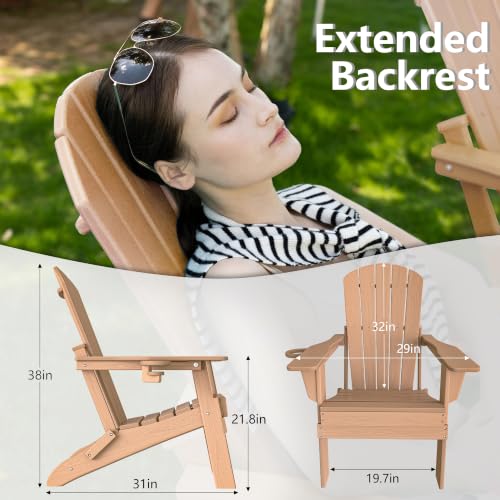Image of Plawdlik Folding Adirondack Chair with Cup Holder, Teak | SGS Tested, Wooden Textured & Heavy All-Weather HDPE Comfortable Set Poolside Backyard Lawn