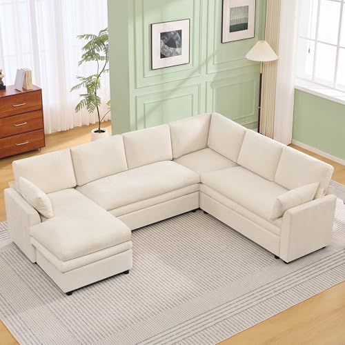 Image of 110 inch Sectional Couches with Left Chaise, Comfy Deep Dual-Layer Cushion Couch, 7 Seater U Shaped Couch, Modern Modular Sofa, Chenille Sofas for Living Room, Apartment, Beige
