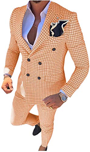 Mens Party Wear 2 Piece Fancy Checkered Suit Double Breasted Peak Lapel Jacket