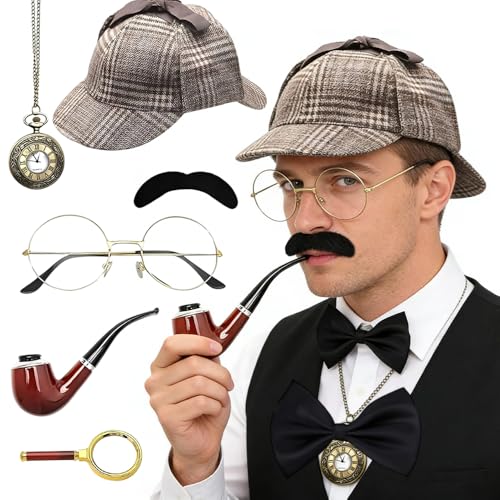 TGKYK Disfraz de detective de Sherlock Holmes, 7 unidades con sombrero de detective, lupa, gafas de metal, pajarita para hombre, barba, disfraz de detective, disfraz para hombre, para carnaval