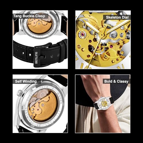 Image of Benling Skeleton Analog Automatic Watch for Men, Mechanical Movement, Leather Strap, Formal Casual Party Official Purpose